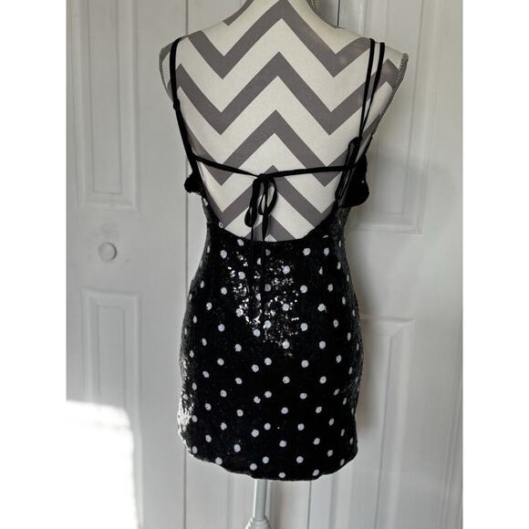 Honey Punch Sequins Mini Dress Sm Black White Polka Dots Backless HOCO Party - Picture 4 of 6